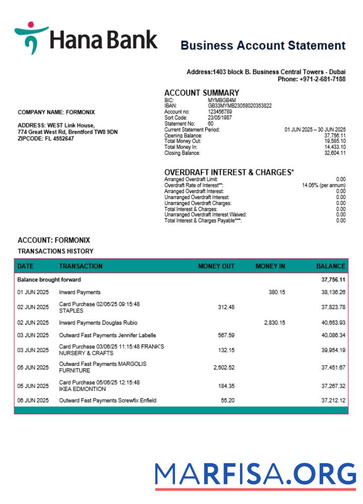 Downloadable UAE Keb Hana company checking account statement Word and PDF template